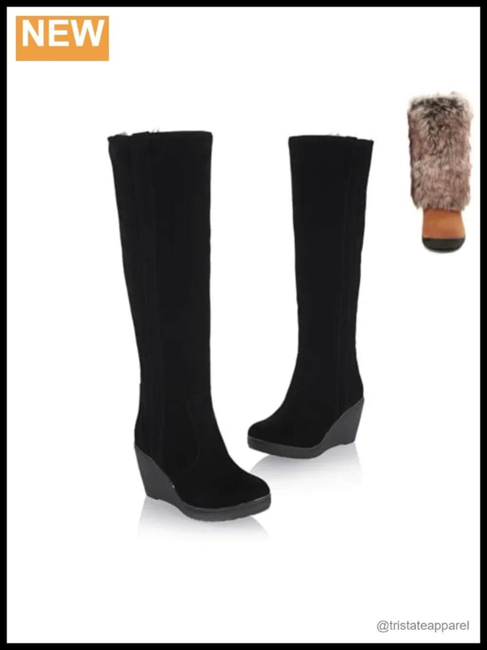 Faux Leather Suede Foldable Mid-Calf Boots Wedge Heel Pull-On